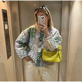 Lizakosht Floral Print Patchwork Single Breasted Quilted Cotton Coat Oversized Long Sleeve Stand Women Jacket Autumn Chic Casual Outwears